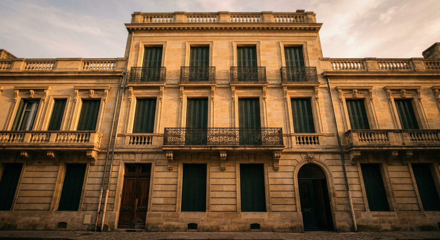 Façade en pierre de Bordeaux, dorée par la lumière du soir